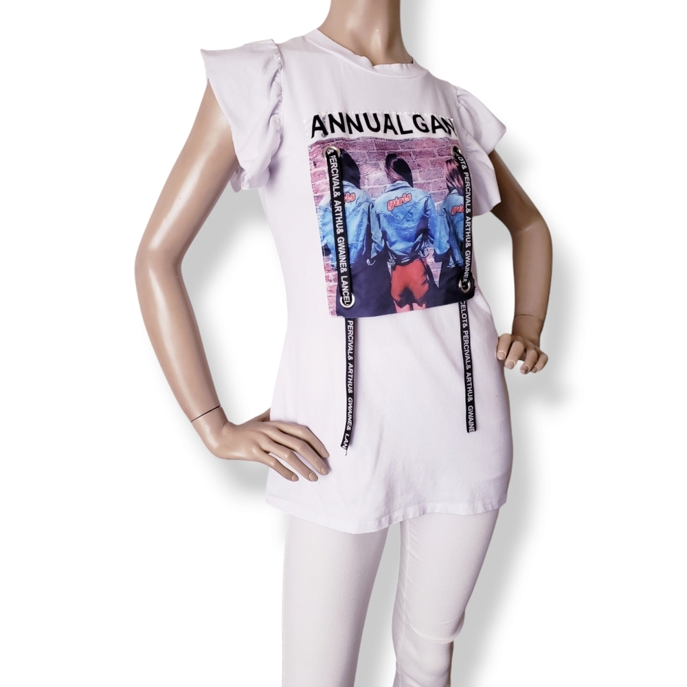 White Graphic Print Ribbon Tee with Ruffle Flutter Sleeves